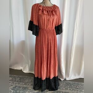 Elegant Micropleat Ruffled Maxi Dress - Coral and Black